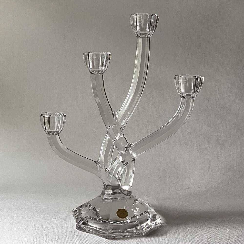Vintage Full Lead Crystal 4-Arm Candle Holder MCM Minimalist Candelabra Germany